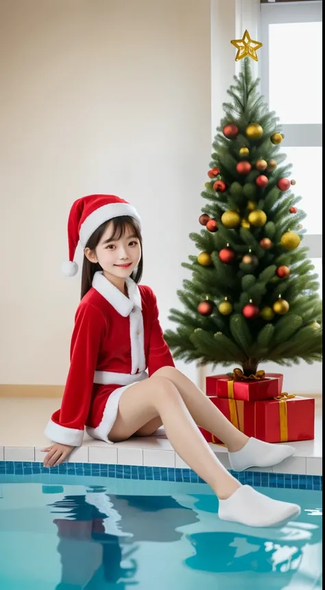 An Asian little girl, 5 years old, wearing Santa Claus costume, sitting in an indoor swimming pool with a Christmas tree and lounge chairs by the pool. (best quality, 4k, highres:1.2), ultra-detailed, realistic, portraits, vivid colors, warm and vibrant at...