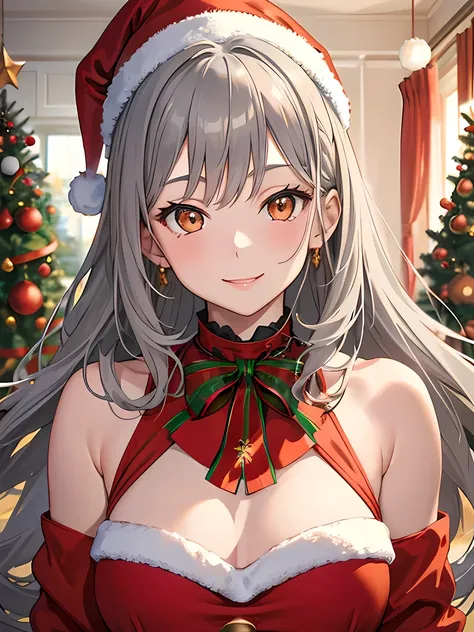 masterpiece, best quality, 1 girl, gray hair, orange eyes, smile, xmas background, xmas tree, indoors, (upper body:1.3), (night:1.4), presents, santa hat