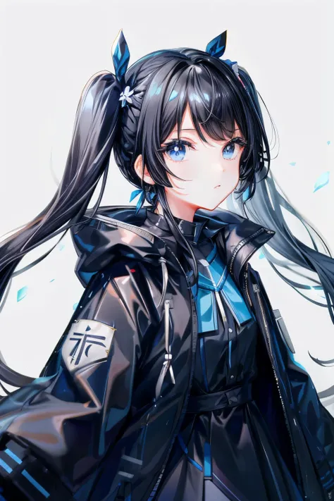 girl，Twintail，black colored hair,Black eyes，Dress、light blue  eyes