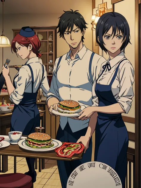 anime characters holding plates of food in a dining room, hamburger, offcial art, dining room!!, Today’s recommended anime is still, Anime food, ( Waitress ) girl, author：Kikukawa Sakaeyama, Official illustration, high detailed offcial artwork, dining room...