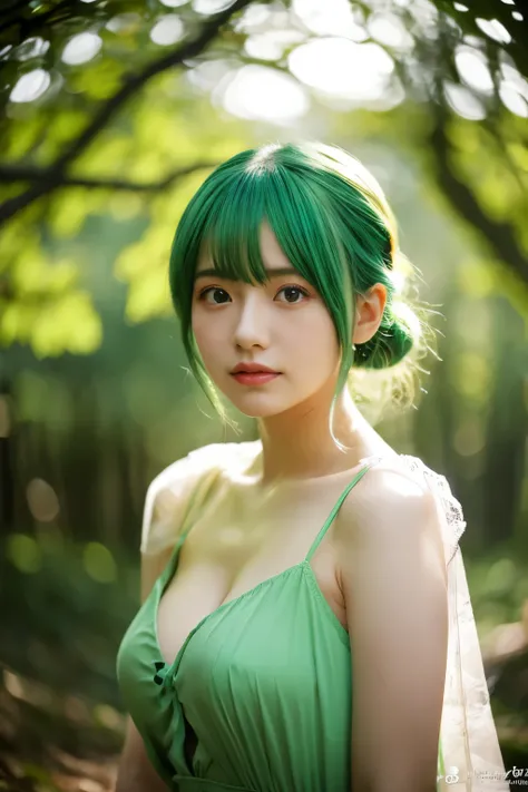 Best Quality, 4K, 8K, hight resolution, ​masterpiece, Ultra-detailed, Realistic, Cinematic lighting, dynamic angle,  Beautiful detailed glow, Light leak, amazing, Intricate details, Photorealistic, Green hair, A cute Japanese woman, 20s female, Small breas...