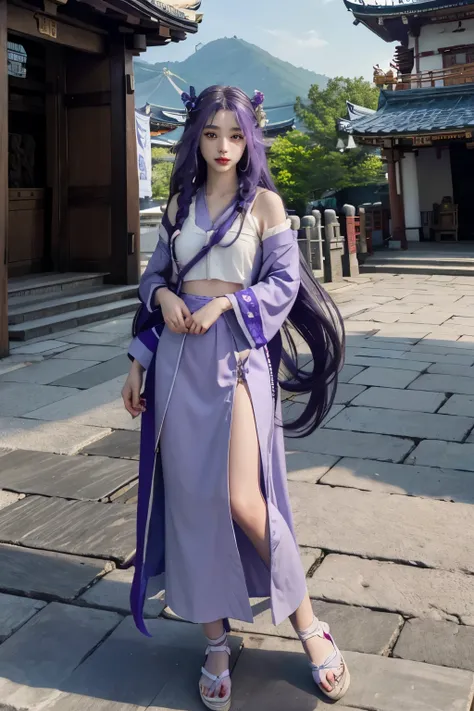 high-quality、​masterpiece, ultra res, a beauty girl, cute girl face, temple background、 shrine maiden、 Wearing priestess clothes, full body, purple crown braids long hair、 Selen Tatsuki、 very beautiful face