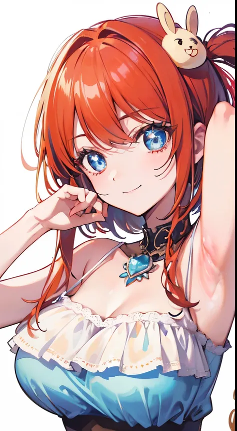 18 year old beautiful girl, blue big eyes,  Petite and slender、slightly large breast, ((scarlet orange hair,)),(Loose fluffy short braided hair), in 8K, of the highest quality, (Highly detailed head: 1.0), (Very detailed face: 1.0), (very detail hair: 1.0)...