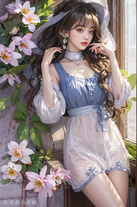 Sweet girl clothes2,pearl necklace,blue dress,flower, ((cowboy shot)), Redlip, A mature woman, cosmetics, フォトリアリスティック、real photograph、((realistically:1.5))、There are white phalaenopsis around the hair，Lilac dendrobium、white lilies、1 rapariga、Brown hair、flo...