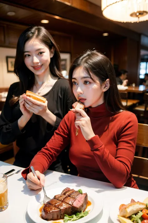 ((Best quality at best)), ((tmasterpiece)), Two people are eating steak in a western restaurant，beautiful woman wearing long sleeves