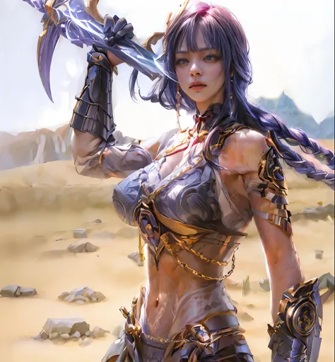 Raiden Shgun, Genshin，valkyrie，Senhora Cavaleiro，Anatomia correta，epic fantasy digital art，tmasterpiece，8k，Realistic color body with high definition resolution, Qulidade Superior，, Epic composition,