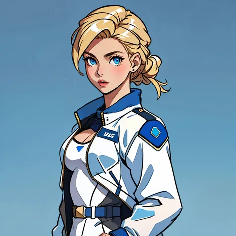 masterpiece, best quality, (blonde teenager), 18 years old, blue eyes, (short golden hair), (hair tied back), small breasts. She wears a white sci-fi suit with blue jacket, she wears cleavage on her blouse (simple background greey)