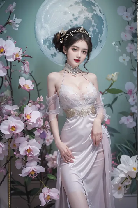 lace dress1, ((cowboy shot)), Redlip, A mature woman, cosmetics, フォトリアリスティック、real photograph、((realistically:1.5))、There are white phalaenopsis around the hair，Lilac dendrobium、white lilies、1 rapariga、Brown hair、floated hair、A plump chest, slim toned body,...