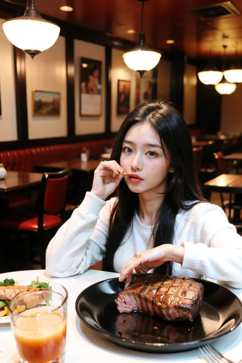 ((Best quality at best)), ((tmasterpiece)), Two people are eating steak in a western restaurant，beautiful woman wearing long sleeves