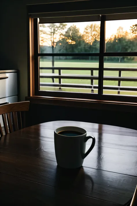 coffee on kitchen table, dark lighting