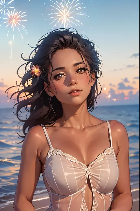 arafed woman with curly hair standing on a beach near the ocean,(fireworks in the vast night sky:1.7),(top-quality,8k,32k,​maste...