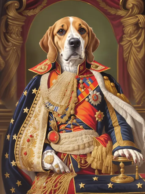 painting of a dog, dressed in royal royal royal royal royal royal royal royal royal royal royal royal royal royal royal, majesty in noble clothes, Royal Portrait, Royal Portrait painting, Dressed as Napoleon Bonaparte, Reduced portrait of the Duke, Imperia...