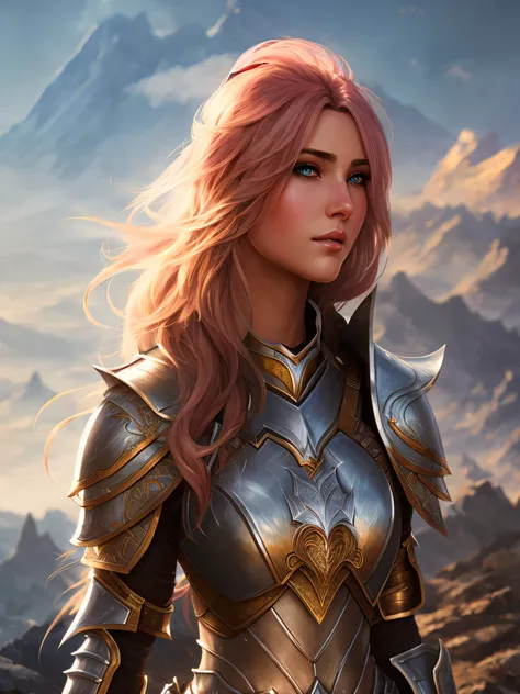 Arafed woman in armor, standing on a mountain against the sky, girl in knight armor, 3d rendered character art 8 K, beautiful female knight, of a beautiful female knight, fantasy paladin woman, portrait of female paladin, stunning character art, artgerm ; ...