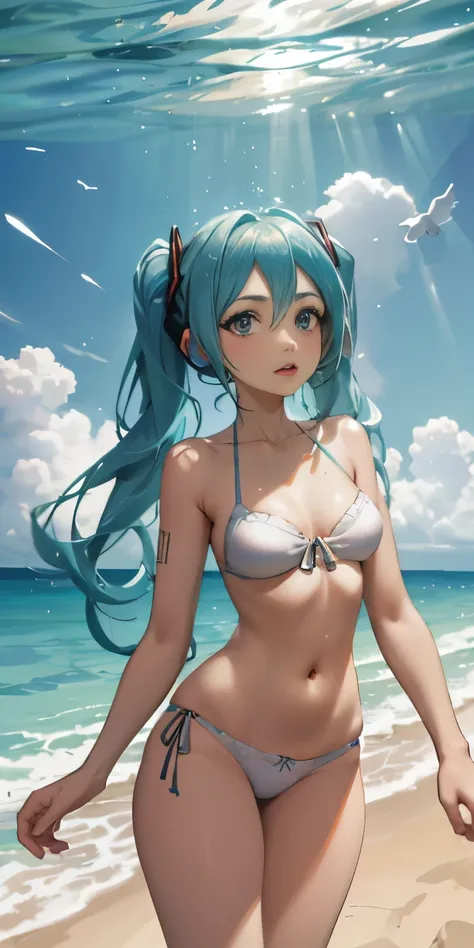 absurdres obra-prima hdr imagem de alta qualidade de realista, 1girl, cabelos brancos, olhos vermelhos, hatsune miku, sbikini, p...