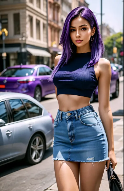 Capture the vibrant essence of a stunning lady with dynamic purple hair, elegantly dressed in a stylish sleek less crop top and denim short skirt, set against a lively backdrop; ensure a confident pose, use a high-quality medium like a DSLR camera to empha...