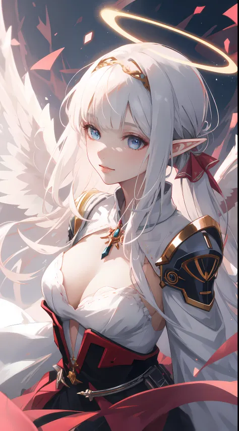 ((masterpiece, best quality)), official art, unity 8k wallpaper, ultra detailed, Rusticcore, contest winner, pixiv, Disgusting a white haired elf woman with wings and jewels on her head and chest, wearing a white dress with silver wings and a silver collar...