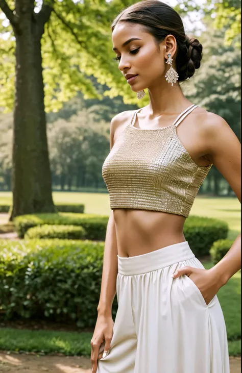 Illustrate an elegant woman wearing a trendy crop top, her look completed with eye-catching earrings. Utilize a modern mirrorless camera to capture the image, focusing on the texture of the crop top and the sparkle of the earrings. Set the scene in a seren...