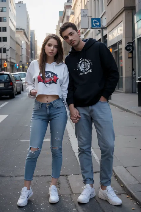 ((best quality)), ((masterpiece)), (detailed), perfect face, girl and men use hoddie, (couples) jeans,sneakers, selfie in the street cityscape,