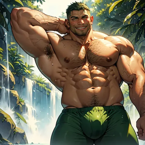 chubby orc showing his sweaty armpit, very sweaty, (green skin), Green body, very thick muscles, fat, Thick legs, hason, male, warm, winning, I look with lust, dripping, (Wet), winning, Romantic mood, Cheeky smile, humongous bulge , boxer briefs, ((armpit)...