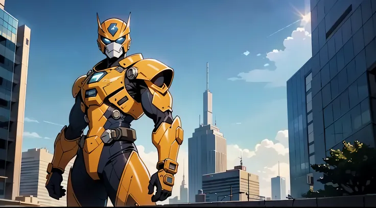 A super  a high-tech biotech battle suit, standing on a rooftop, looking over the city, Japanese tokusatsu and American comic style, biometallic texture of the suit, sleek and shiny, dynamic, fast, natural light, cinematic, high quality, high resolution, h...