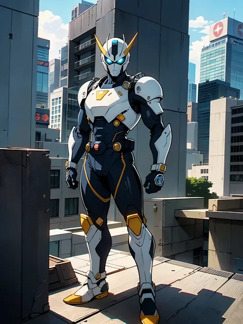 A super  a high-tech biotech battle suit, standing on a rooftop, looking over the city, Japanese tokusatsu and American comic style, biometallic texture of the suit, sleek and shiny, dynamic, fast, natural light, cinematic, high quality, high resolution, h...