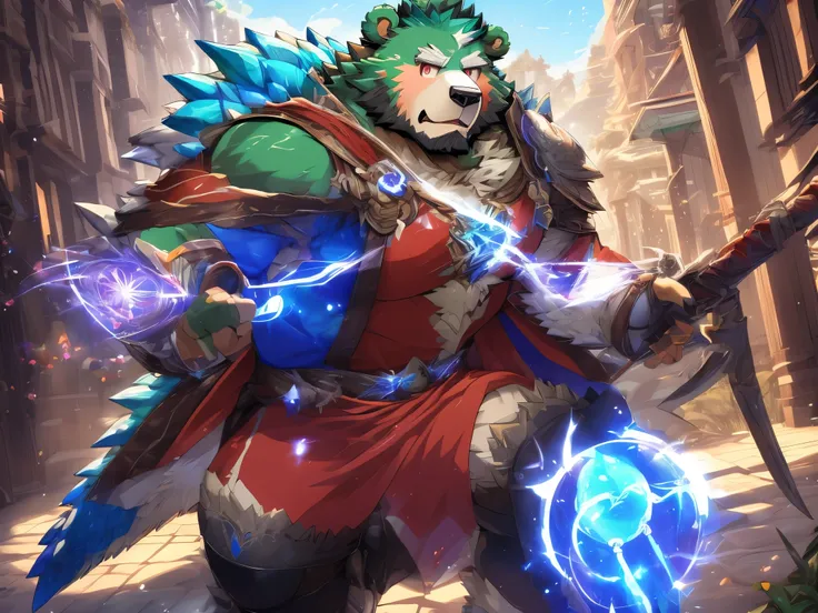 anthro ((bear)), furry, bear, green fur, green hair, ((beard)), male, white eyebrows, red eyes, masterpiece, ((Best quality)), handsome, middle-aged, mature, muscle body, sexy, dilf, full body, (((jinpei))), (((monster hunter))), (((weilding nodachi as wea...