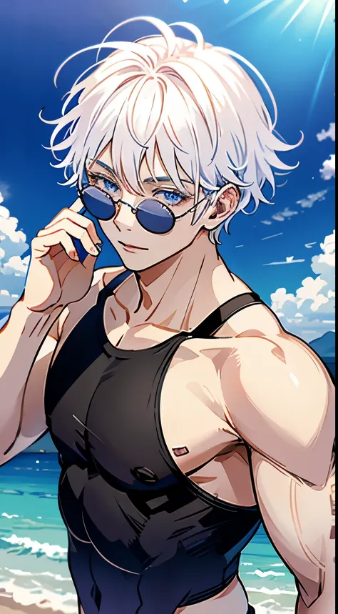 tmasterpiece, Best quality at best,
1 persons, Gojo Gojo, musculous, Bare-chested, Alone, malefocus, White hair, short detailed hair, hair between eye, eBlue eyes, The upper part of the body, colored eyelashes, sun glasses, ssmile, looking at viewert, Alon...