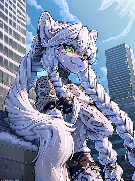 Macro snow leopard furry (Best quality, ultra - detailed, actual:1.85), 48m height female, Black fingerless gloves, Wear short sleeves, sweat shorts, Long white hair,Tie your temples into two braids, Backed by high-rise buildings, Look up at the sky with a...
