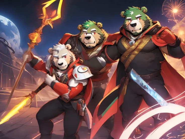 anthro ((bear)), furry, bear, green fur, green hair, ((beard)), male, white eyebrows, red eyes, masterpiece, ((best quality)), h...