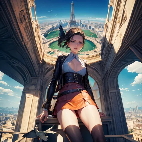 Giovanni Paolo Panini, Dave McKean, Surreal, mysterious, strange, fantastical, fantasy, Sci-fi, Japanese anime, miniskirt beautiful high school girl with flying mechanics, perfect voluminous body, blue sky, floating, birds eye view, Eiffel Tower, Jeep, det...