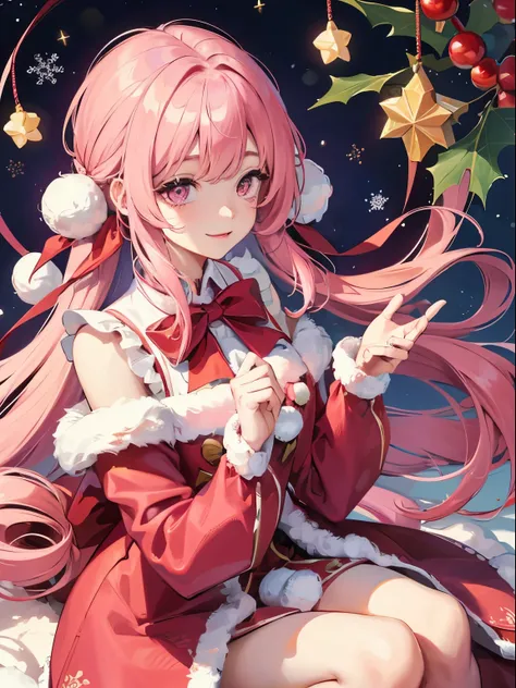 Woman with flowers in her hair, Pink hair long hair、straight haired、Pink eyes、A smile、Unclear、santa服、4 fingers, 1 thumb、santa、Christmas