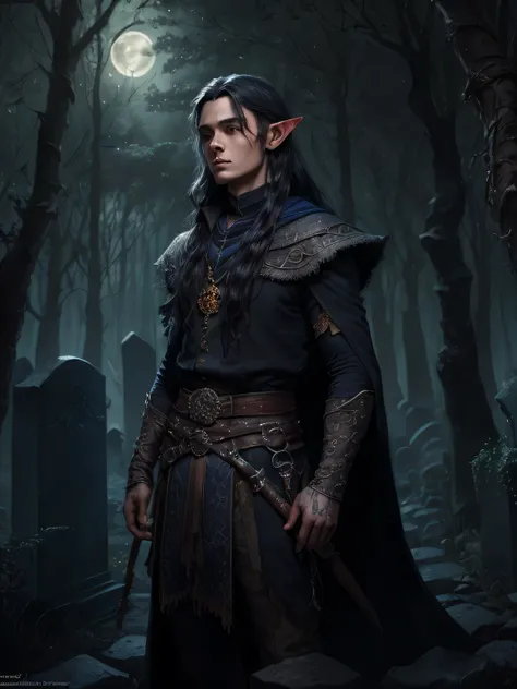 (((Masterpiece, Best Quality, Ultra-detailed))), young male elf, warlock, Dark Fantasy, Artsstasion, Long black hair, blue eyes, Dark clothing, A Necromancer, dark magic, Night background, forest of old tombstones, Phantom Lights, blood on his hands, moon ...