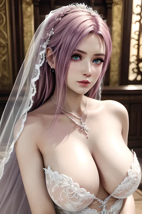 1个Giant Breast Girl,Elise, (in wedding dresses_a skirt),jewely,Tattooed with,鎖骨,gigantic cleavage breasts,tmasterpiece, Best Picture Quality,of a real, Detailed pubic hair,8K，number art,Detailed pubic hair头发,(of a realistic, photo-of a realistic:1.37),Amaz...