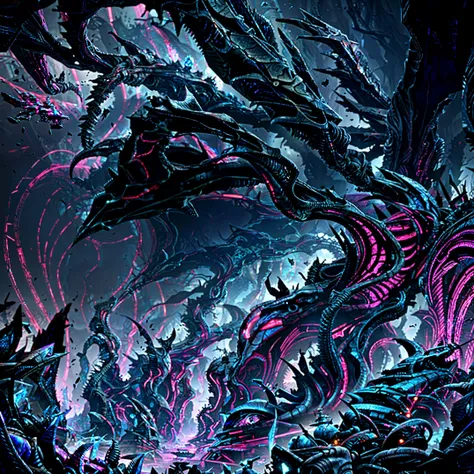 Vast Angle from the sky: Biomechanical valley of Madness. A landscape with an abyss, cemetery of horror, polluted rivers, unreal engine, Colorful sketch painting. Intricate details, masterpiece painting.