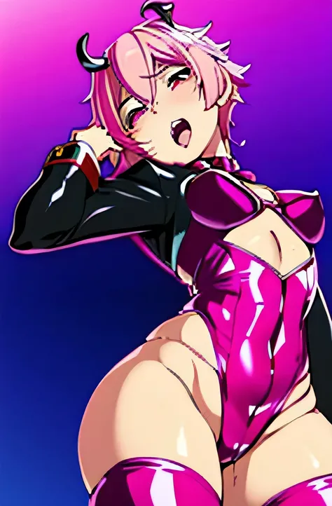 there is a cartoon picture of feminine boy with short pink hair, anime moe artstyle, 1 7 - year - old anime, in an anime style, demon femboy, flat anime style, cute, crossdresser, femboy body, curvy, hooker outfit, doing a sexy pose, horny expression, horn...