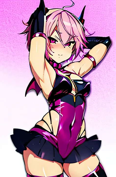 there is a cartoon picture of feminine boy with short pink hair, anime moe artstyle, 1 7 - year - old anime, in an anime style, demon femboy, flat anime style, cute, crossdresser, femboy body, curvy, hooker outfit, doing a sexy pose, horny expression, horn...