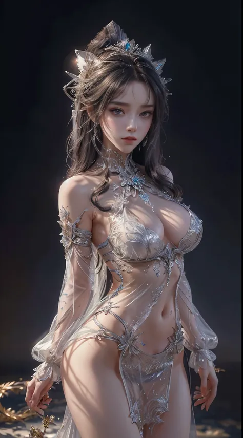 woman wearing silver transparent dress,pretty eyes，Slender thighs，(((humongous large breast, The cracks are relatively large))),Slim waist,(Bare waist), Long gray hair, micro-curly hair, Ultra-detailed details,High-end art station, Rainstorm site, detailed...