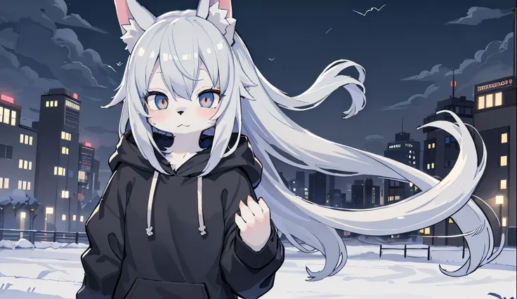 (Best Quality),floating in the air、Wearing a black hoodie、Mofumofuno、Relaxed、sleepy、looked lonely、He had gray hair and furry ears.、eyes are very blue、wolf girl。The back is black。The wind is blowing、Hair is fluttering。