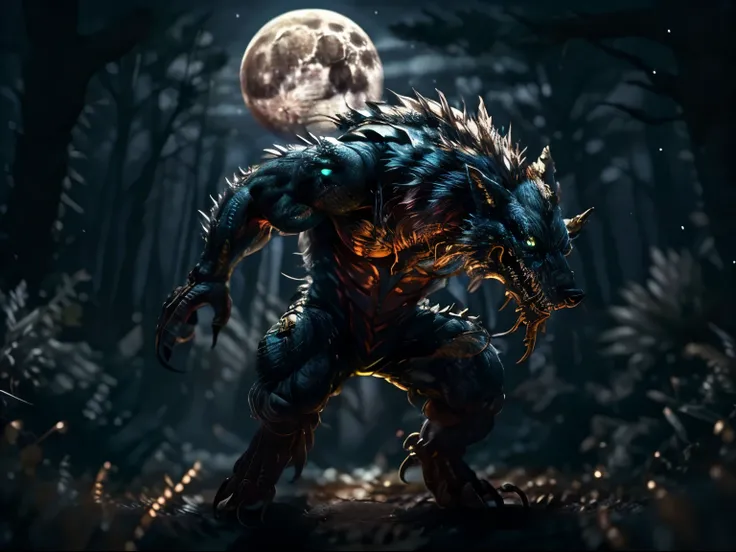 full body, high detailed, Monstrous yellow werewolf with fierce face, rage, ferocious, frenesi, mystical forest background, night, full moon, darkness