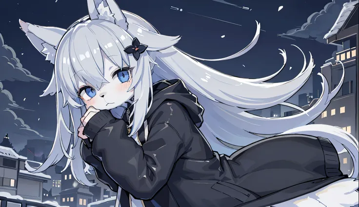 (Best Quality),floating in the air、Wearing a black hoodie、Mofumofuno、Relaxed、sleepy、looked lonely、He had gray hair and furry ears.、eyes are very blue、wolf girl。The back is black。The wind is blowing、Hair is fluttering。