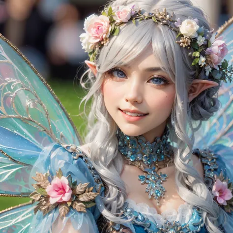 there is a woman with a flower crown on her head, beautiful  fairy, smiling as a queen of fairies, beautiful fairy, portrait of a fairy, elf girl wearing an flower suit, portrait of fairy, beautiful and elegant elf queen, fairycore, fairy look, portrait of...