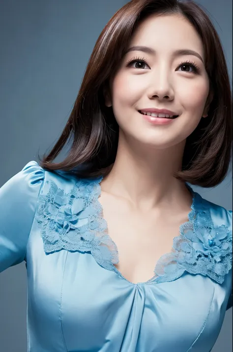 beautiful 40 year old woman。she wears a tight camisole of light blue-gray satin fabric。black lace at chest and hem。kindly smile。...