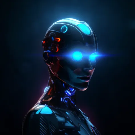 a close up of a cyborg with glowing eyes, portrait of a female android, portrait of a futuristic robot, portrait of female andro...