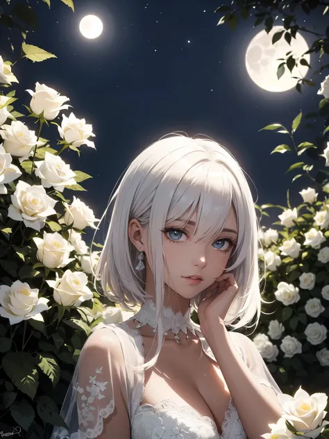 Mulher de cabelo branco, olhos  amarelos neon, the moon in the brightest setting, a setting surrounded by a garden of white roses, in high resolution, foco na mulher, lighting highlighting your face and eyes