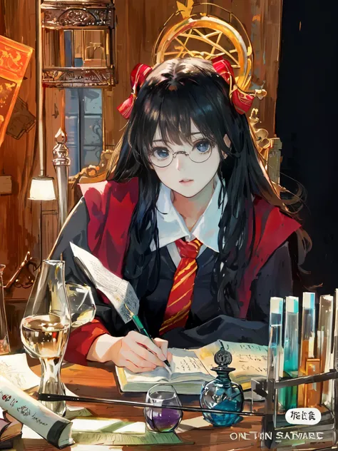 there is a woman sitting at a desk with a book and a pen, she wears harry potter glasses, magical school student uniform, magic school uniform, she is in the potions workshop, gryffindor, magical school, wearing hogwarts!!! robes!!!, sakimichan, in hogwart...