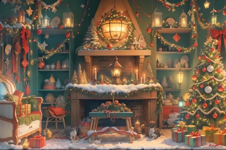 (tmasterpiece:1.2), ultra - detailed, (actual, realistically:1.37), Vibrant colors, Magical atmosphere, Whimsical, ((sky full of stars，The North Star shines))，(Use an illustration style), (European style interior house、Christmas decorations、The fireplace i...