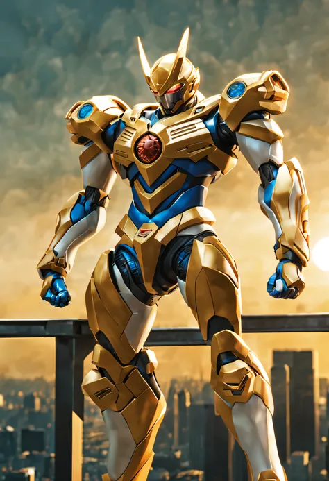 A super a high-tech biotech battle suit, standing on a rooftop, looking over the city, Japanese tokusatsu and American comic style, biometallic texture of the suit, sleek and shiny, dynamic, fast, natural light, cinematic, high quality, high resolution, hi...