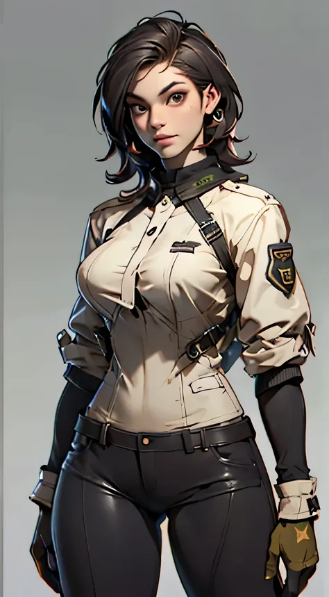 (((Best quality: 1.4))),(无与伦比的tmasterpiece), (hyper HD),(Hyper-realistic 8k CG)、（深色the hair） ((( body))), (((1 girl in))), 25-year-old American soldier with perfect body,,Beautiful and well groomed face,muscular body:1.2,detailed solid color jacket, (Pictu...