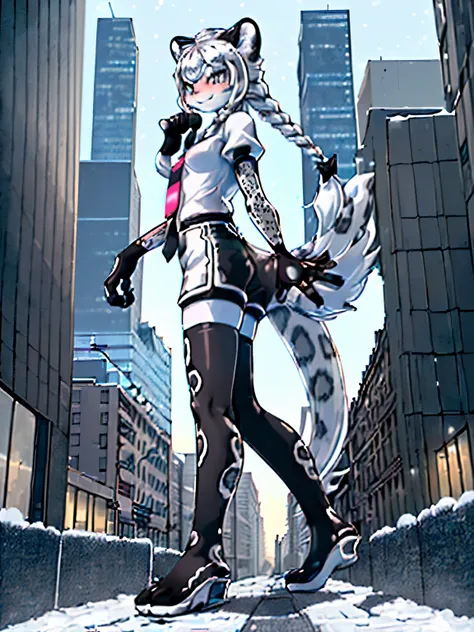 Macro snow leopard furry (Best quality, ultra - detailed, actual:1.85), 48m height female, Black fingerless gloves, Wear plain white short sleeves, Black sports shorts, Long white hair，Tie your temples into two braids, are standing，Back against the side of...