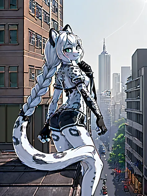 Macro snow leopard furry (Best quality at best, ultra - detailed, actual:1.85), 48m height female, Black fingerless gloves, Wear plain white short sleeves, Black sports shorts, Long white hair，Tie your temples into two braids, are standing，Back against the...